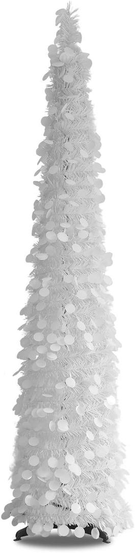 White Christmas Tree, 5ft Collapsible Pop Up Tinsel Christmas Tree for Holiday Party Xmas Decor, Home Office Farmhouse Fireplace Decoration
