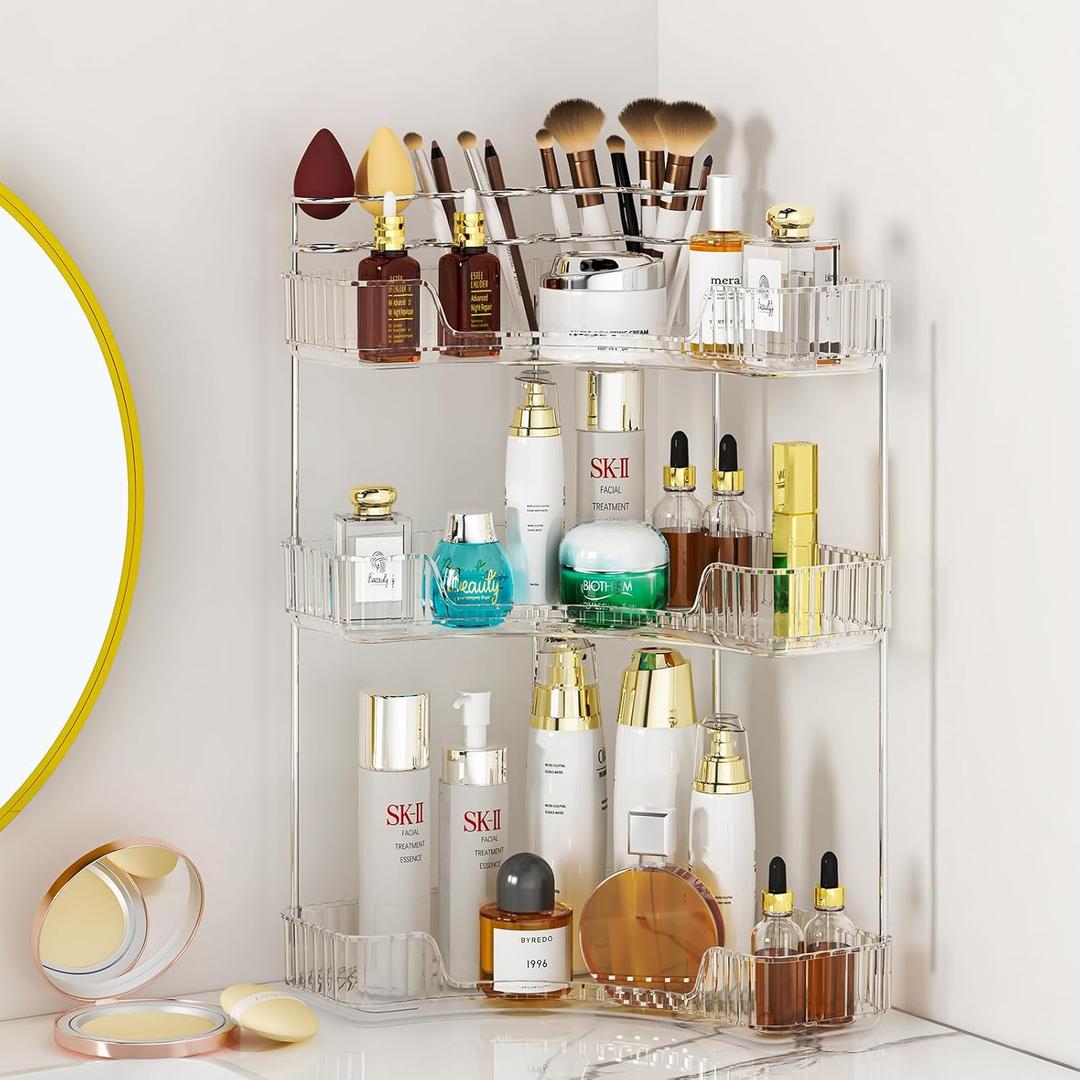 SUNZOS 3-Tier Corner Bathroom Counter Organizer, Bathroom Organizer Countertop with Makeup Brush Holder, Vanity Makeup Cosmetic Storage, Corner Storage for Kitchen, Dresser (Clear)
