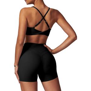ABOCIW Workout Sets for Women 2 Piece V Neck Twist Back Sports Bra High Waist Biker Shorts Yoga Outfits (Small, Black)