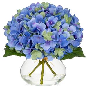 Hollyone Hydrangea Artificial Flowers with Glass Vase Blue-Green Silk Faux Flowers Arrangements in Vase with Faux Water Fake Floral Bulk Bouquet for Home Decor Table Centerpiece Decorations