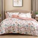 CASAAGUSTO Queen Comforter Set, 7 Pieces Bed in a Bag Queen Clay Pink Floral Comforter Set with Flowers Leaves Pattern, Soft Seersucker Design All Season Queen Size Bedding Set