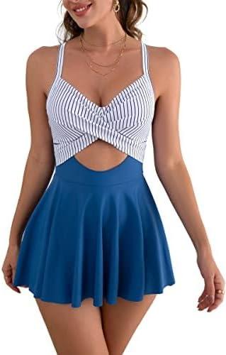 B2prity Women Cutout One Piece Skirt Swimsuit V Neck Tie Back Swimdress Tummy Control Bathing Suit(Stripe,Blue) XS