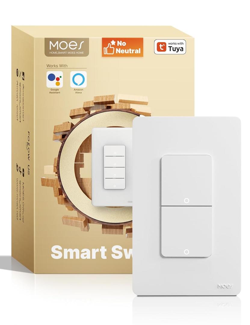 MOES Smart Double Light Switches, 2.4GHz WiFi 2 Gang Single Pole Switch, No Neutral Wire Needed, Require Capacitors, Work with Alexa Google Assistant