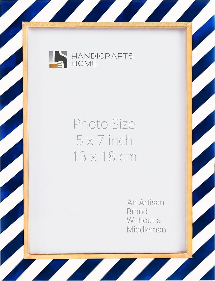 Handicrafts Home 5x7 Vintage Blue Picture Frame, Decorative Wall & Tabletop Frame for Living Room, Bedroom, Office, Gallery Wall, Modern Farmhouse & Boho Home Decor, Resin Inlay & Brass Decorative Picture frame for Vintage Decor - Halo Gondola collection