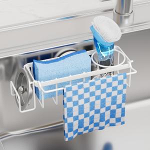 TAILI 4-in-1 Sink Caddy with Strong Suction Cup, Sponge Holder for Kitchen Sink Organizer, Removable, Rustproof, Stainless Steel Holder for Sponge, Brush, Scrubber, Scraper - White