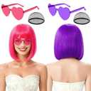 2 Pack Colored Bob Wigs and Heart Sunglasses Set, Purple Hot Pink Short Straight Bob Wig with Bangs Neon Party Colorful Synthetic Hair for Women Men Halloween Costume Bachelorette Party Favors