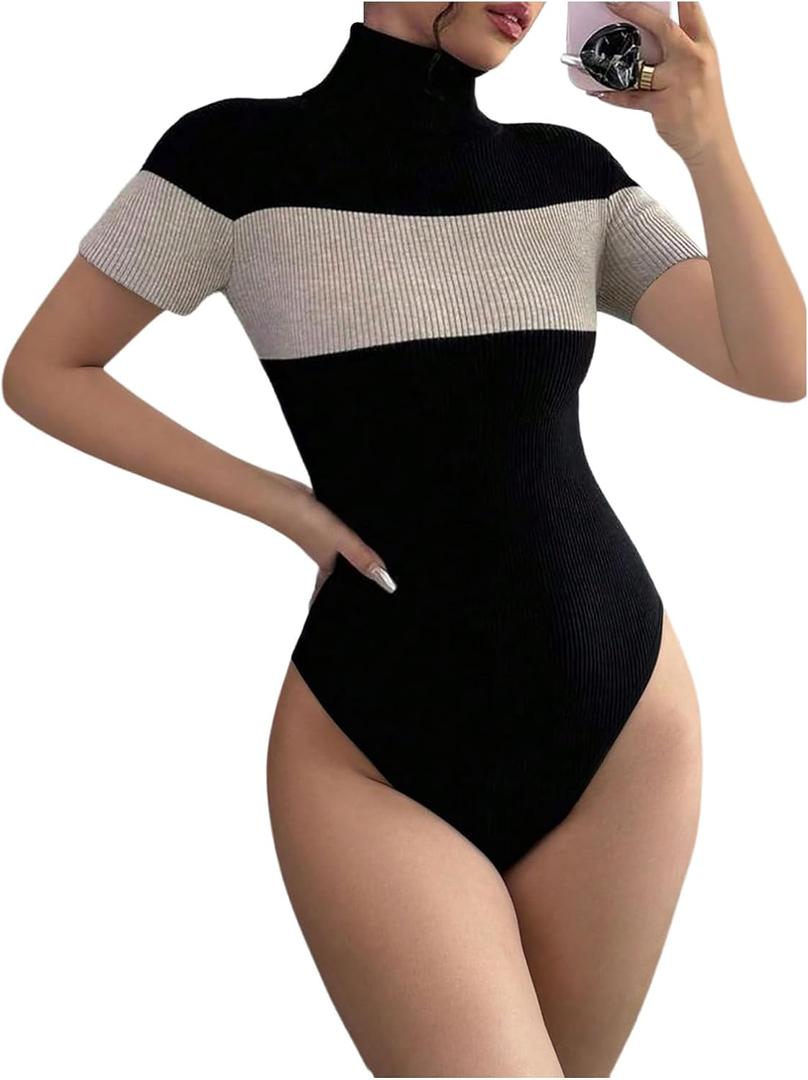 WDIRARA Women's Color Block Short Sleeve Bodysuit Turtle Neck Ribbed Knit Leotard Black X-Large