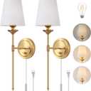 Dimmable Plug in Wall Sconces Set of 2, Gold Bedside Wall Lamp with Knob Dimmer Switch and 6.5FT Electric Cord, Mid Century Modern Bathroom Wall Light Fixture for Bedroom Living Room