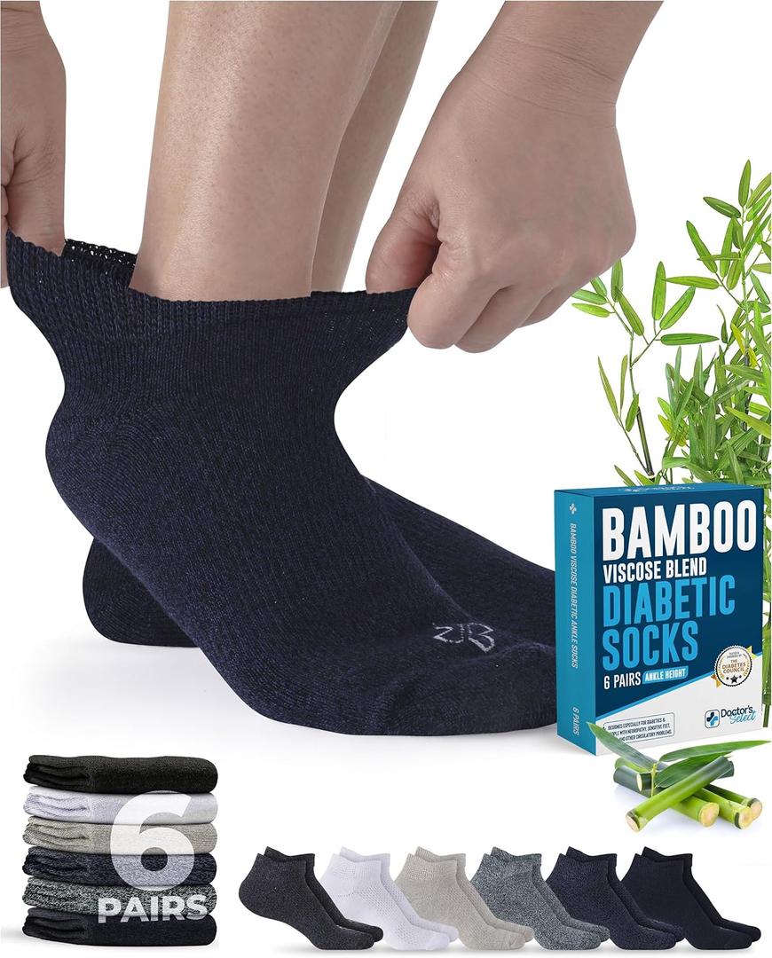 Doctor's Select Viscose Bamboo Ankle Diabetic Socks for Women and Men - 6 Pairs | Super Soft, Non Binding, Loose Wide Top (Medium)