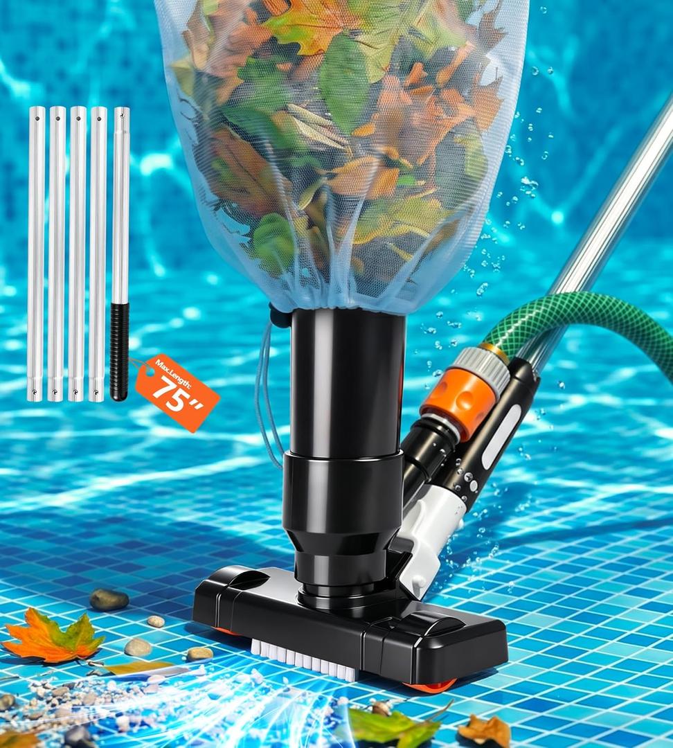 DeeprClean Handheld Pool Vacuum for Above Ground Pool, Pool Floor Cleaner with Pole of 75"& Brush, Garden Hose Water Pressure Powered Spa Jet Vacuum Cleaner, Portable for Spa and Hot Tub Leaf Catching