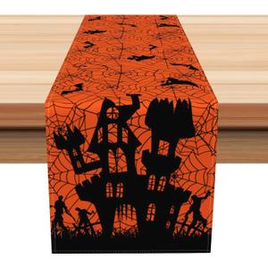 Halloween Haunted House Table Runner,Rustic Farmhouse Kitchen Dining Table Decor,Zombies Halloween Linen Dining Table Decoration Indoor Outdoor Trick or Treat Party Supplies 13x72Inch, JY00479
