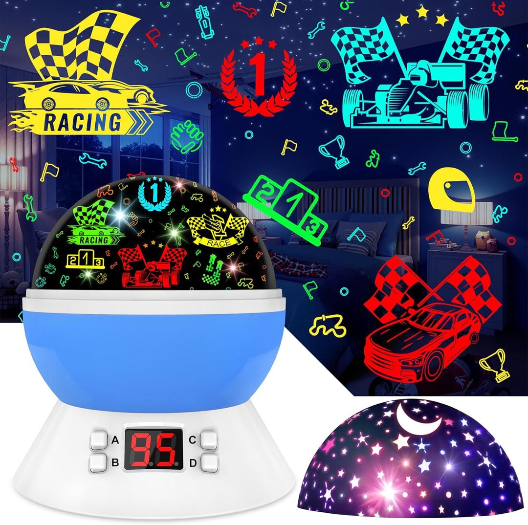 Cars Night Light for Boys - Rotating Projector Lamp with Race Car - Star Projector for Kids Age 3-8 - Ceiling Nightlight Projector with Cars and Stars - Birthday Gifts for Boys Room Decor (Blue-2)