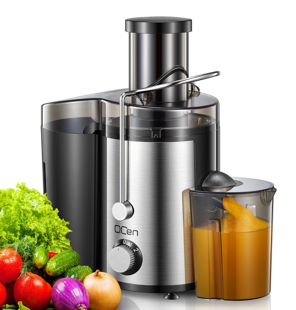 Qcen Juicer Machine, 800W Centrifugal Juicer Extractor with Wide Mouth 3” Feed Chute for Fruit Vegetable, Easy to Clean, Stainless Steel, BPA-free (Black)