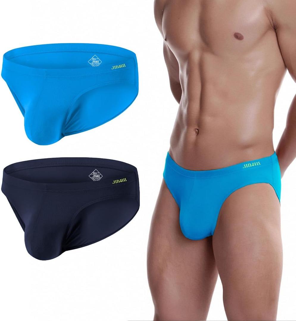 JINSHI Men's Bamboo Viscose Underwear Briefs Mens Sexy Low Rise Ball Pouch Underwears Full Coverd Tagless Brief (Large, Dark Blue1+blue1)