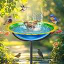 Metal Bird Bath for Outdoors Garden Birdbath Bowl, Bird Feeders for Outside with 4 Prongs Base Stake, Standing Birdfeeders for Yard Lawn Decor (Blue Yellow)
