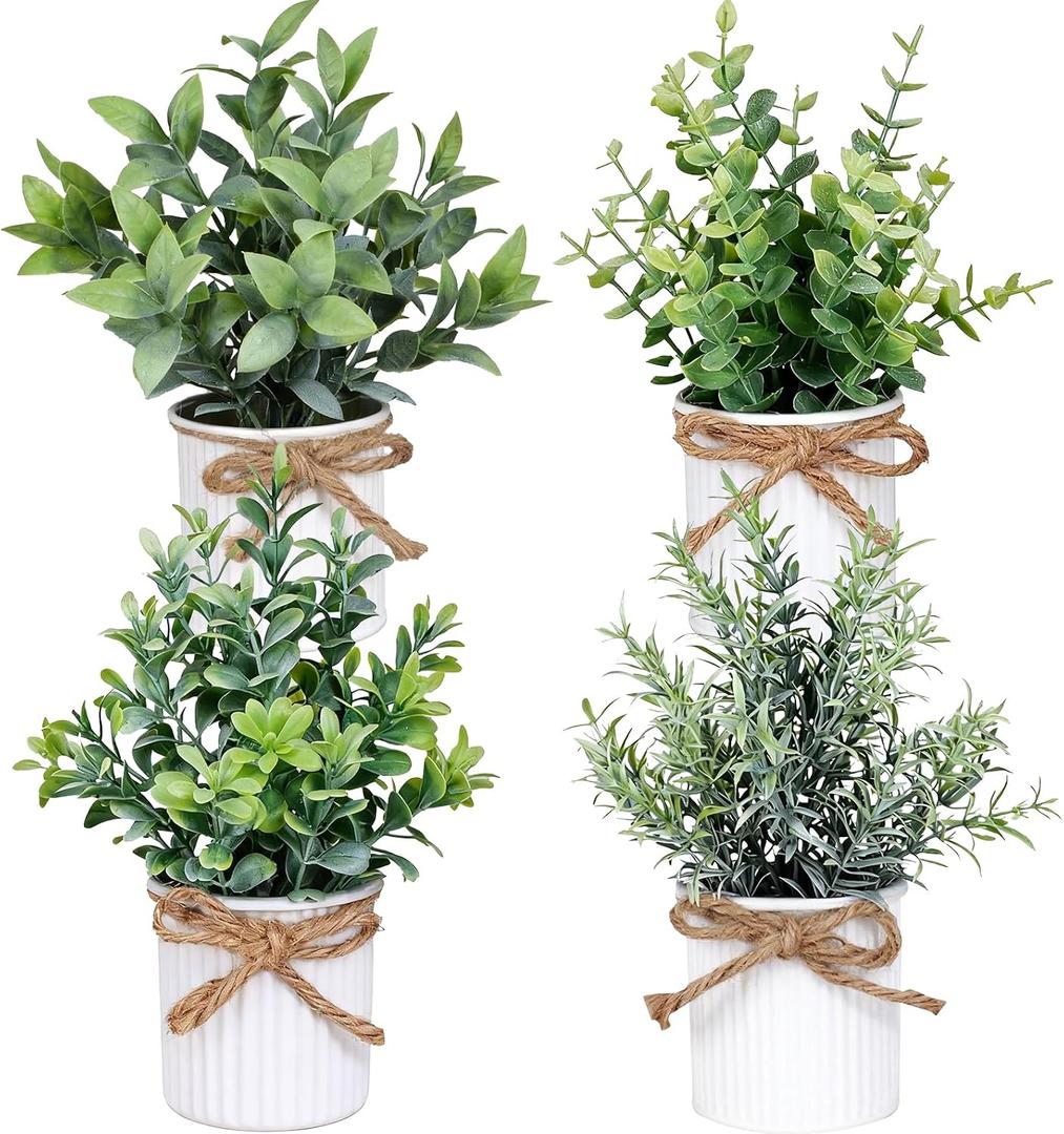 Yoratee 4 Potted Artificial Plants Metal Fake Potted Plant with Iron Pot Mini Greenery Decor Small Faux Plants for Indoor Farmhouse Home Porch Garden Bathroom Room Décor White