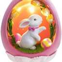 TaoQ C Pink Easter Bunny Figurine with LED, Resin Rabbit Figurines Easter Bunny Statue Spring Rabbit Desktop Decoration for Spring Home Room Party Decoration