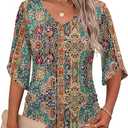 Micoson Womens 3/4 Sleeve Tops Dressy Casual Ruched Blouses Summer Tops V Neck Work Clothes