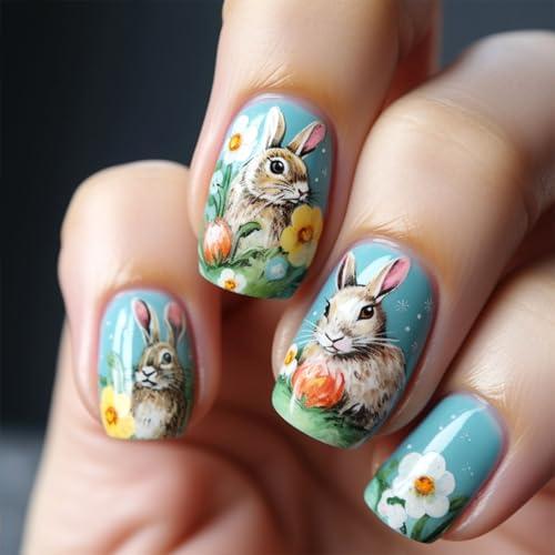 Easter Press on Nails Short Square Cute Rabbit Glue on Nails Easter Rabbit Nail Press ons with Flower Designs Blue Fake Nail Glossy Artificial Fingertip Manicure for Women 24Pcs