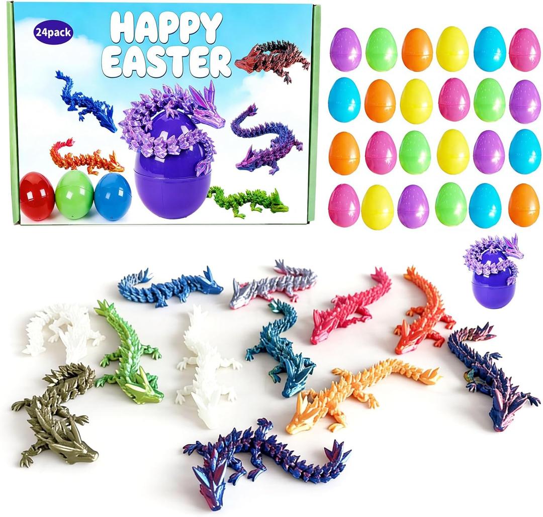 IRRONN 24Pcs Easter Eggs with 3D Printed Dragons Inside,Articulated 3D Printed Dragon for Easter Basket Stuffers,Fantasy Fidget Toyfor Kids Party Favors