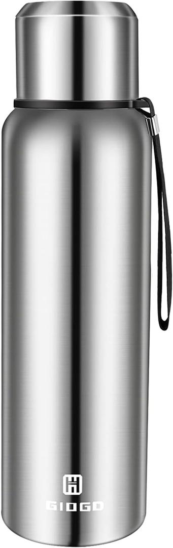 Insulated vacuum Thermo Bottle 1000ml/33.8oz with cup Stainless steel coffee bottles for hot and cold drink water flask (Silver,1000ml)
