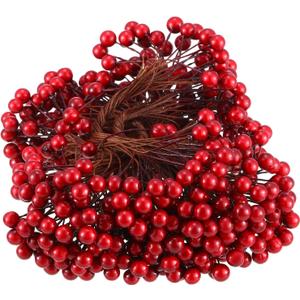 BBTO Artificial Holly Berries on Wire Stems, 250 Stems with 500 Pieces 8 mm Fake Berries for Tree Decorations Wreath Craft Use Wedding Party Favor (Dark Red)