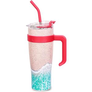 40 OZ Tumbler with Handle & Straw, Insulated Beach Cups Coffee Mug with Lid, Hot and Cold Drinks Stay Long Time, Large Travel Coffee Cup, Beach Gifts for Adult(Blue Beach, 40 OZ)