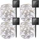 YEGUO White Solar Fairy Lights Outdoor Waterproof, 4 Pack Each 33ft 100 LED String Light, 8 Modes Silver Wire Twinkle Lights