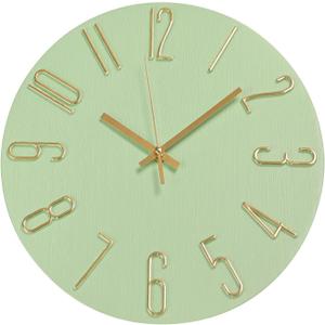 Wall Clock 12 Inch Silent Non-Ticking Imitation Wood Indoor Clock Round Green Decor Clock Modern 3D Figures Quartz Wall Clocks for Home, Hotel, Office, School