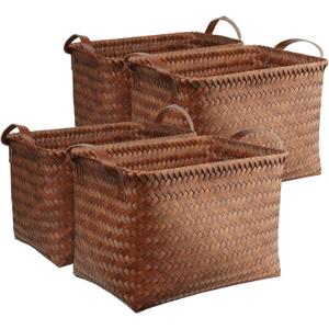 SKY-TOUCH 4pack Rectangular Rattan Storage Basket with Handle,Strong and Durable Hand-Woven Rattan Basket for Organizing, Storage and Organizer Baskets, Large, Coffee Color