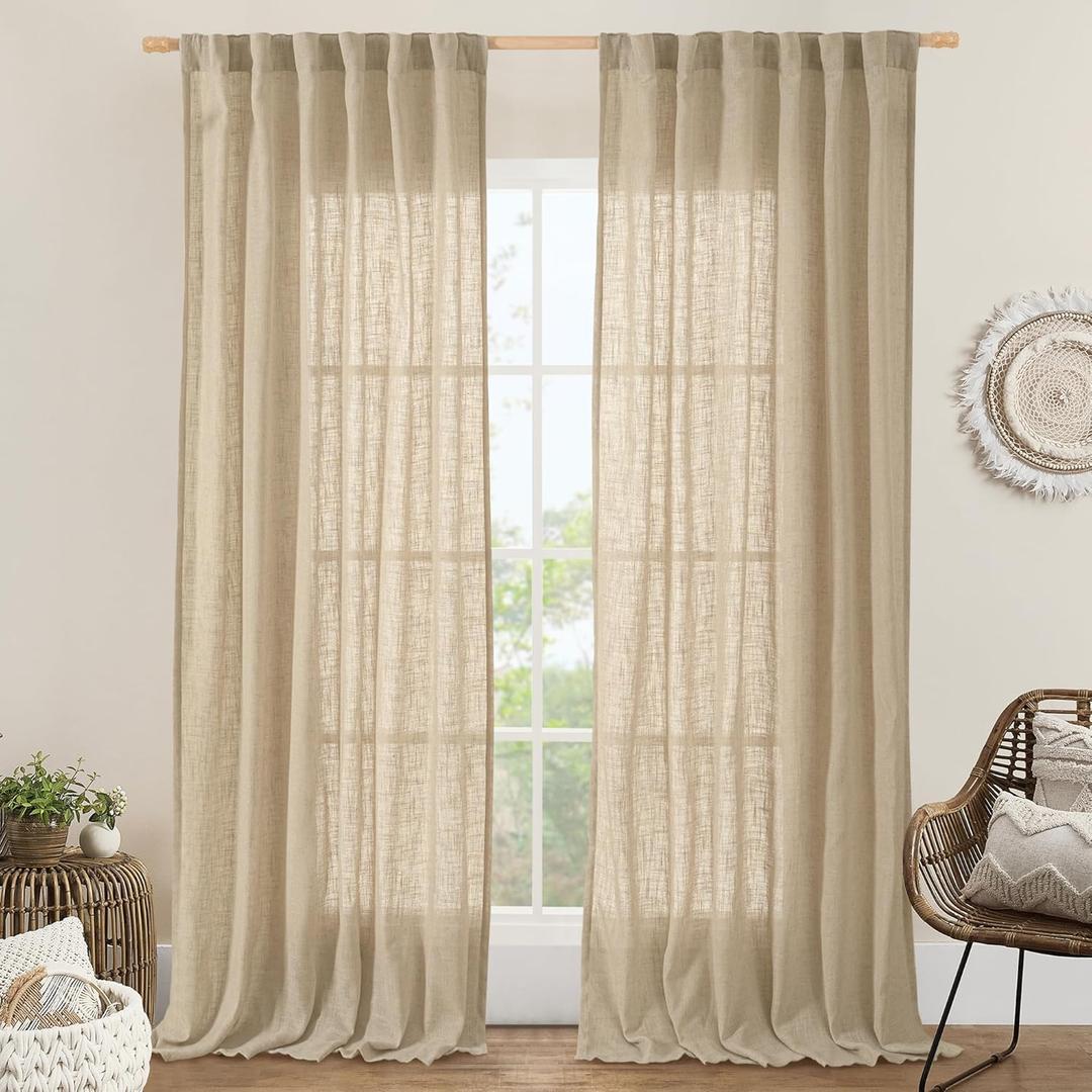 LAMIT Natural Linen Curtains 108 Inch for Living Room, Back Tab and Rod Pocket Textured Sheer Light Filtering for Boho Farmhouse, 2 Panels, 52 x 108 Inch, Brown