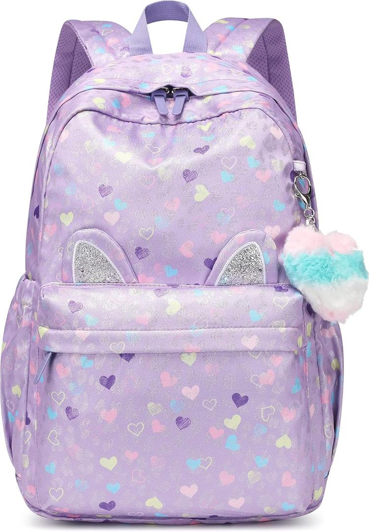 CaranY 30L Kids Backpack for Girls & Boys Waterproof Cat Ear School Bag Classic Large Size Lightweight Gift Purple Peach Heart Ideal for Ages 6-18+-Perfect for School & Everyday Use