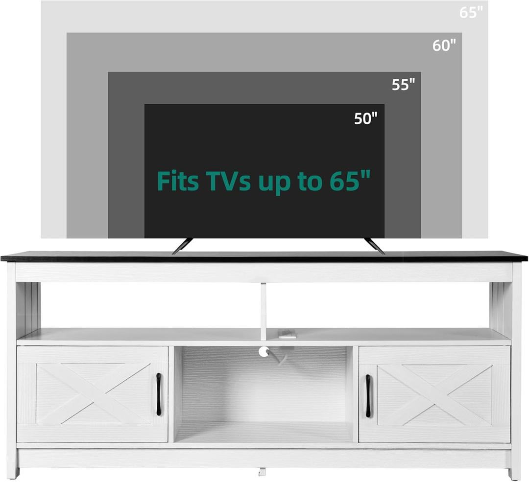 YITAHOME Farmhouse TV Stand for 65 Inch Television Stand, Entertainment Center with Power Outlets and Open Shelf, Rustic Media Console TV Cabinet for Living Room, White/Black