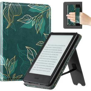 CoBak Case with Stand for 6" Kindle (2024 & 2022, 11th Gen)  PU Leather Smart Cover with Auto Sleep/Wake & Hand Strap, Premium Protective Case for Kindle Basic,Green Pattern
