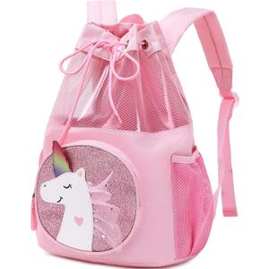 mygreen Drawstring Backpack Gym Cinch Bag for Swim Beach Sports Waterproof for Kids (Medium, Pink, Unicorn, Non-detachable)
