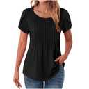 Petal Short Sleeve Top for Women Summer Casual Crew Neck Shirts Solid Dressy Blouse Pleated Tunics, Black 2XL