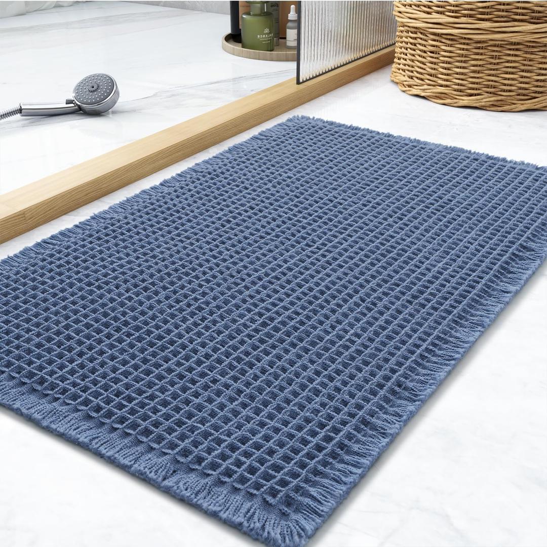 tchdio Waffle Bath Mat, Super Absorbent Non Slip Bath Mats for Bathroom, Ultra Soft Bathmat, Machine Washable, Blue, 17" x 24"