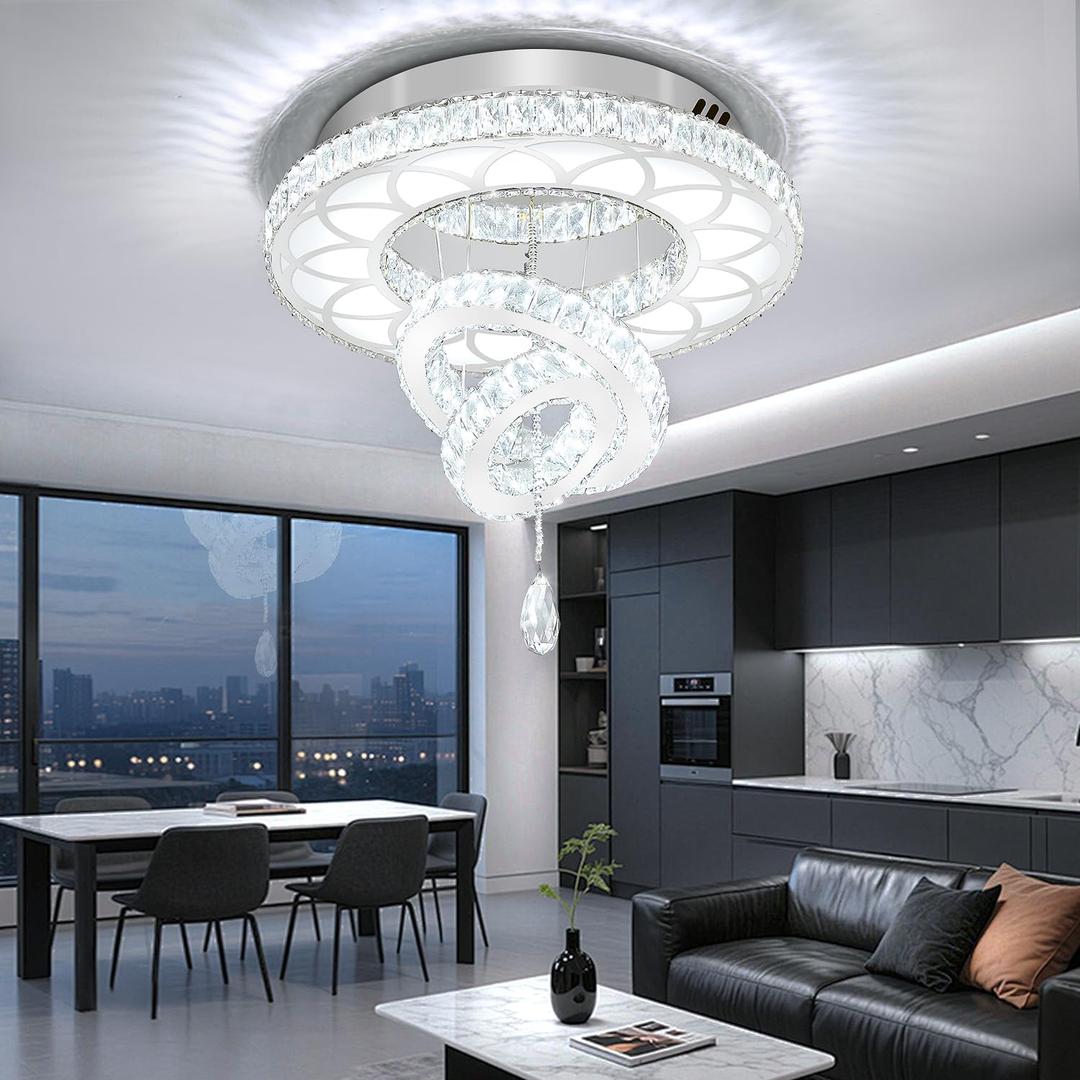 Flashing God Dia 20" Crystal Chandelier Crystal Silver Ceiling Light Fixtures LED Flush Mount Ceiling Light for Living Room Bedrooms Dining Room Dimmable 2700k 4500k 6000k
