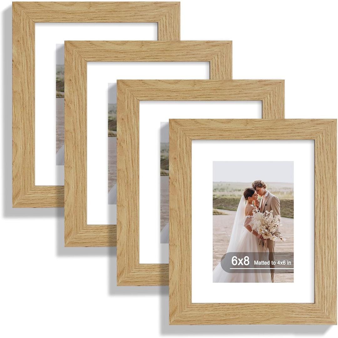Hongkee 6x8 Picture Frame Set of 4, Made of Real Glass and Natural Oak Frame - Display Picture 4x6 with Mat or 6x8 Without Mat, 6 by 8 Photo for Wall or Tabletop