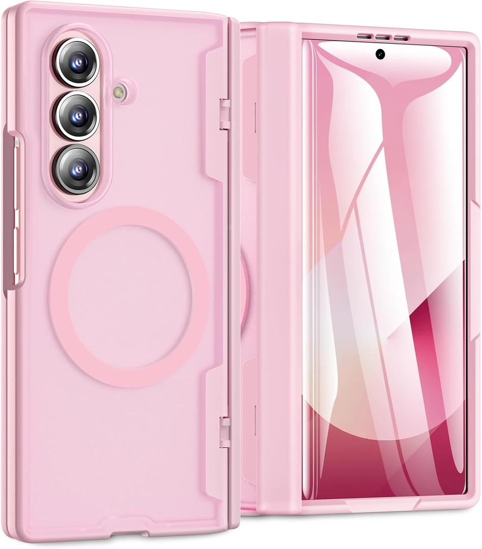 for Samsung Galaxy Z Fold 7 Case [Compatible with MagSafe] [Hinge Protection] [Built-in HD Screen Protector] Translucent Hard Shockproof Magnet Phone Cover for Zfold 7 - Pink