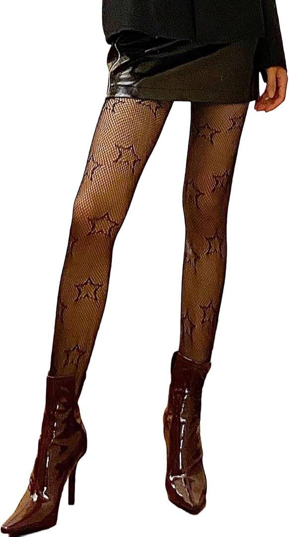 Women's Fishnet Tights with Butterfly Flower Pattern, High Waist Mesh Stockings, Streetwear Leggings (US, Alpha, One Size, Regular, Regular, Black Stars)
