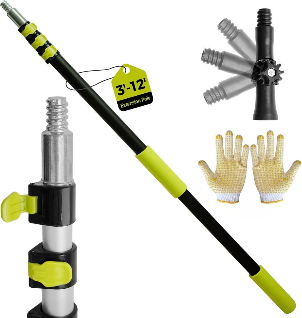 3-12ft Telescopic Extension Pole,Multi-Purpose Extension Pole with 180 Universal Thread Head, Black Oxide Aluminum Extendable Pole with Flip-Lock, for Painting,Dusting,Window Cleaning