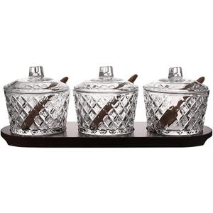 Glass Plaid Pattern Sugar Bowl Seasoning Jars with Lid Spoon and Tray 10oz Set of 3