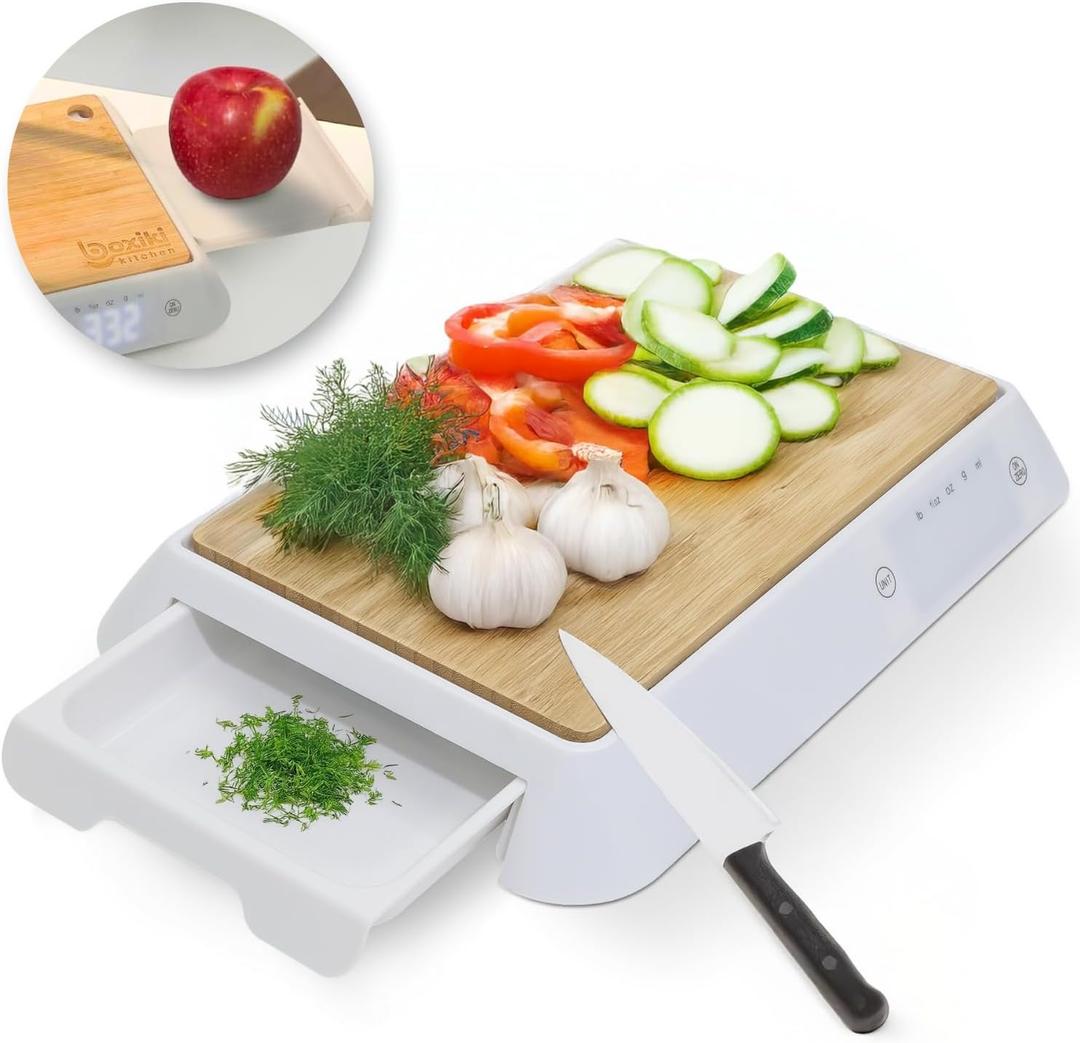 Boxiki Kitchen 3-in-1 Bamboo Cutting Board with Slide-Out Digital Food Scale & Storage Tray – A Multi-Functional Food Prep Station for Chopping, Organizing, and Weighing