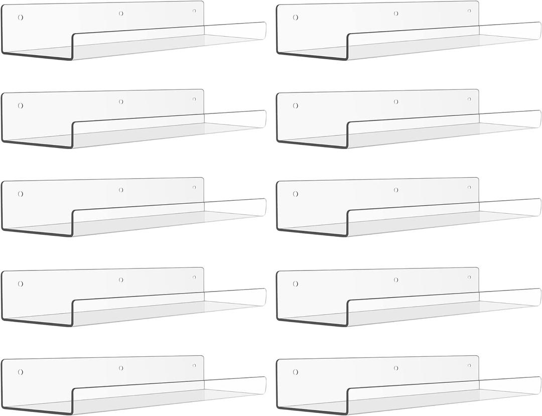 upsimples 10 Pack Acrylic Shelves for Wall Storage, 15" Floating Bookshelves for Kids, Display Shelf Organizer for Bathroom, Bedroom, Living Room Decor, Kitchen, Clear (Clear)