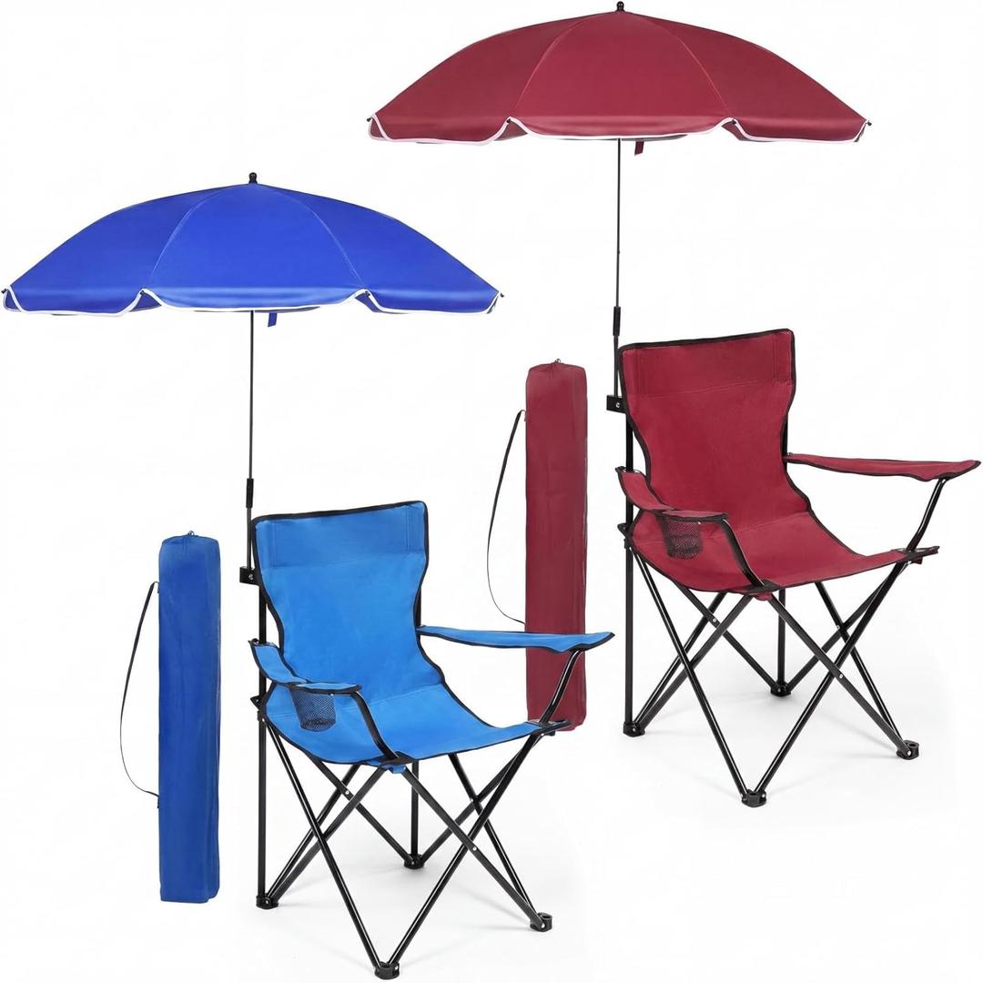 2 Pack Beach Umbrella Chairs Folding Camping Portable Beach Chairs with Canopy Shade Adults with Cup Holder Carrying Bag for Camping Hiking Travel Picnic Outdoor Events(Blue and Wine Red)