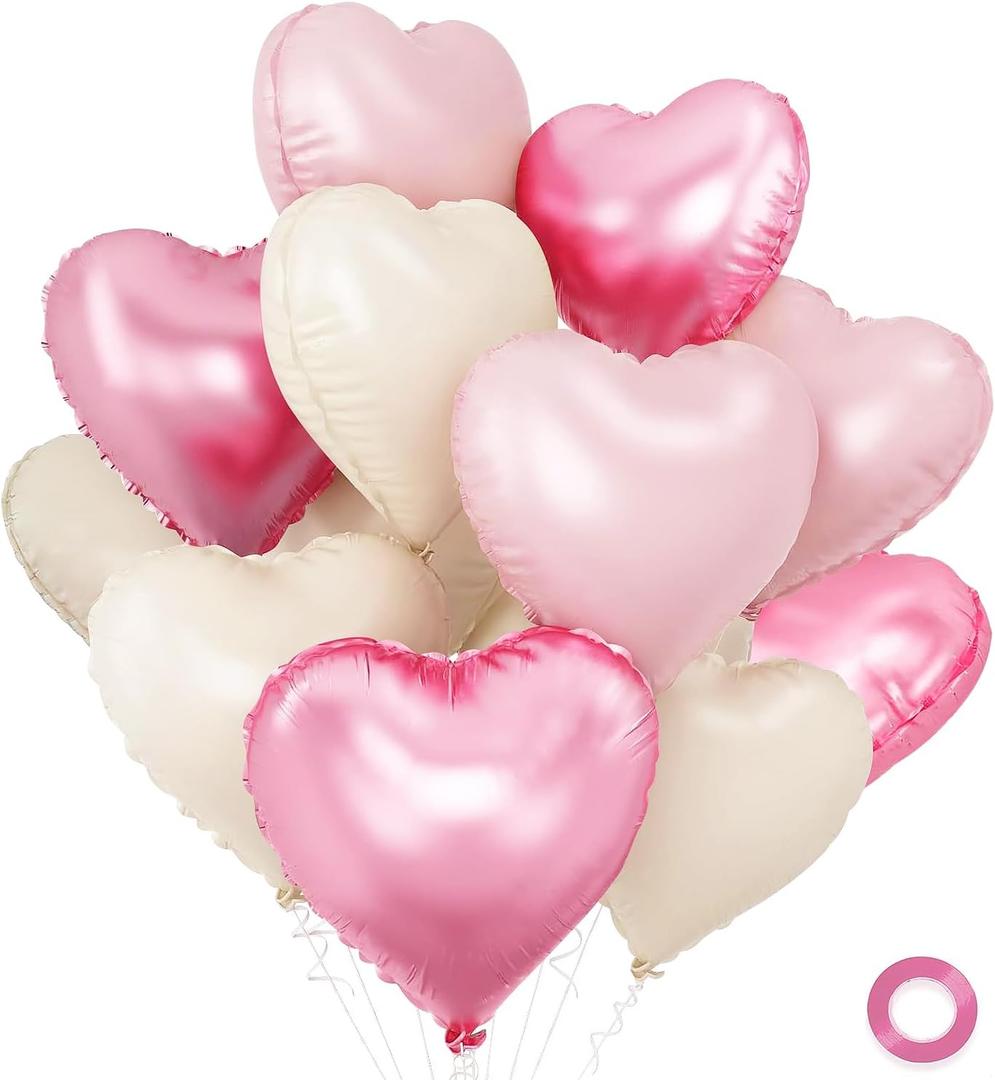 Pink and White Balloons - Pack of 15 - Heart Shaped Foil Balloons for Valentines Day Wedding Birthday Bridal Shower Baby Shower Decorations