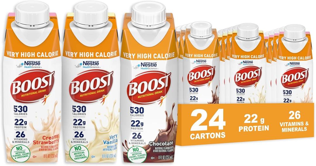 BOOST Very High Calorie Nutritional Drink Helps Weight Gain & Maintenance -530 Calories -26 Vitamins & Minerals - 22 g Protein - Variety Pack - Vanilla, Chocolate & Strawberry - 8 fl oz (Pack of 24), Best Before Date 01/29/2026