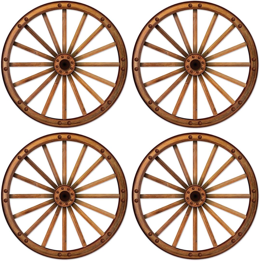 Beistle Wagon Wheel Cutouts, 4-Pack Rustic Western Party Decorations, Large Cowboy Ranch Theme Props for Barnyard Events Saloon Backdrops and Pioneer Celebrations, 18.5”