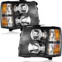 WEELMOTO Headlights Pair Assembly for 2007 2008 2009 2010 2011 2012 2013 Chevy Silverado 1500, Compatible with 07-14 Chevy Silverado 2500HD 3500 Headlamp Replacement Black Housing Amber Reflector